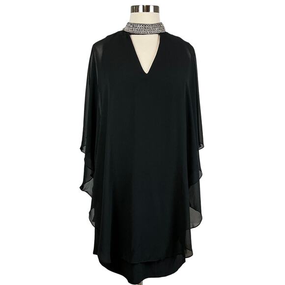 XSCAPE Women's Cocktail Dress Size 16W Black Chiffon Beaded Collar Shift - Picture 1 of 13